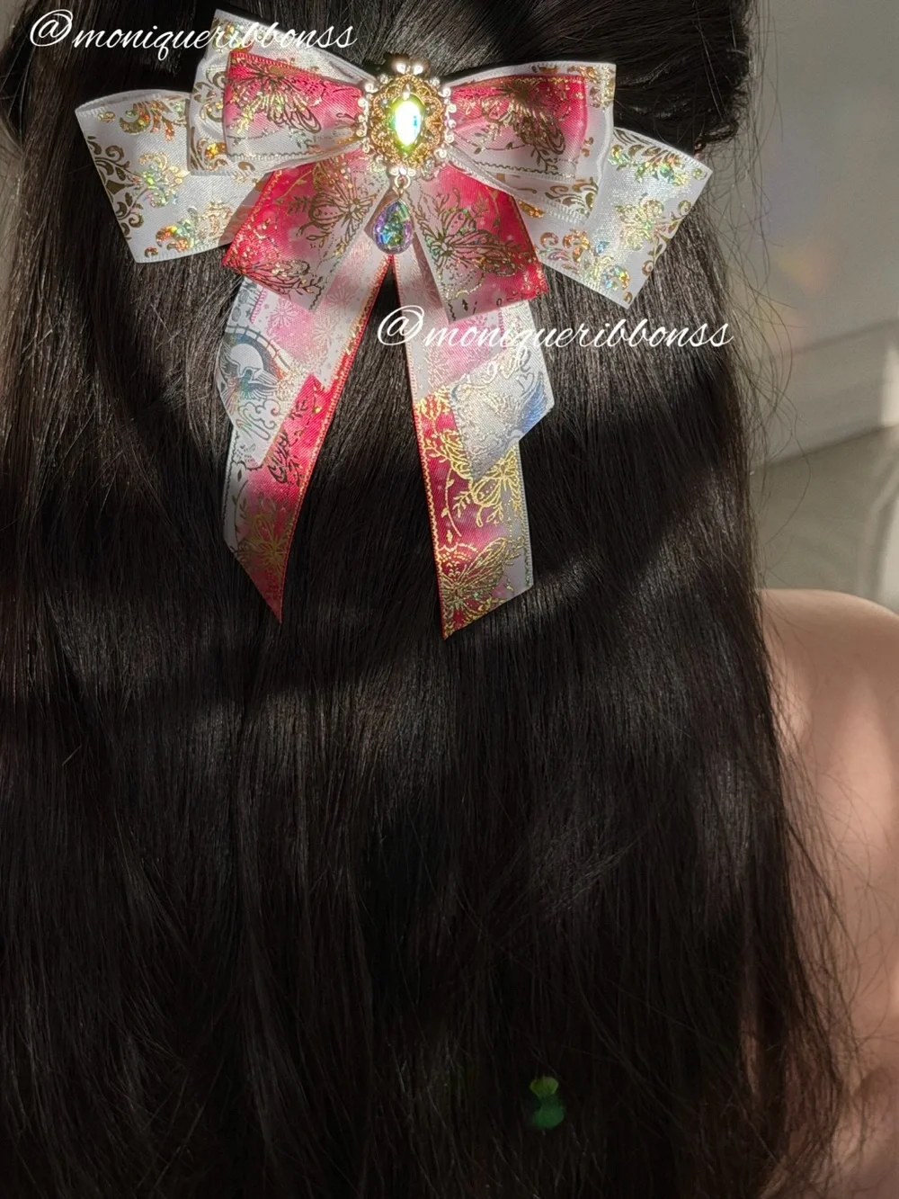 Handmade Pink and White Gold Accent Elegant Hair Bow